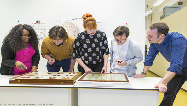 5 people standing looking over specimens on a table